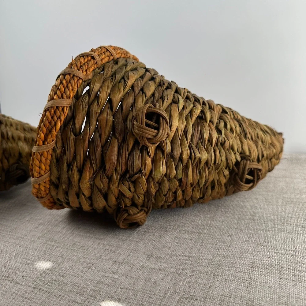 Vintage Woven Cornucopia Basket Pair Horn of Plenty Fall Thanksgiving Decor